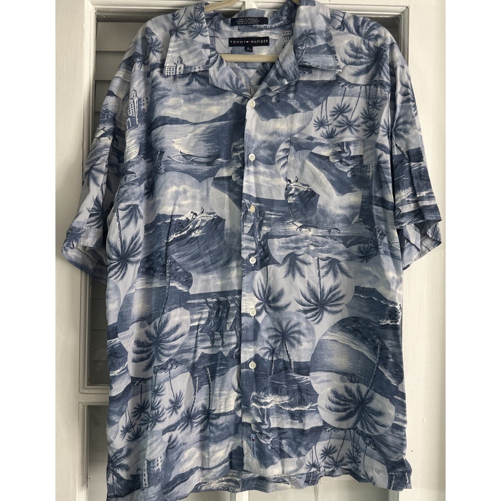 Tommy Hilfiger Hawaiian Button Down Shirt Men's Size XL Blue/White Surfing Hula